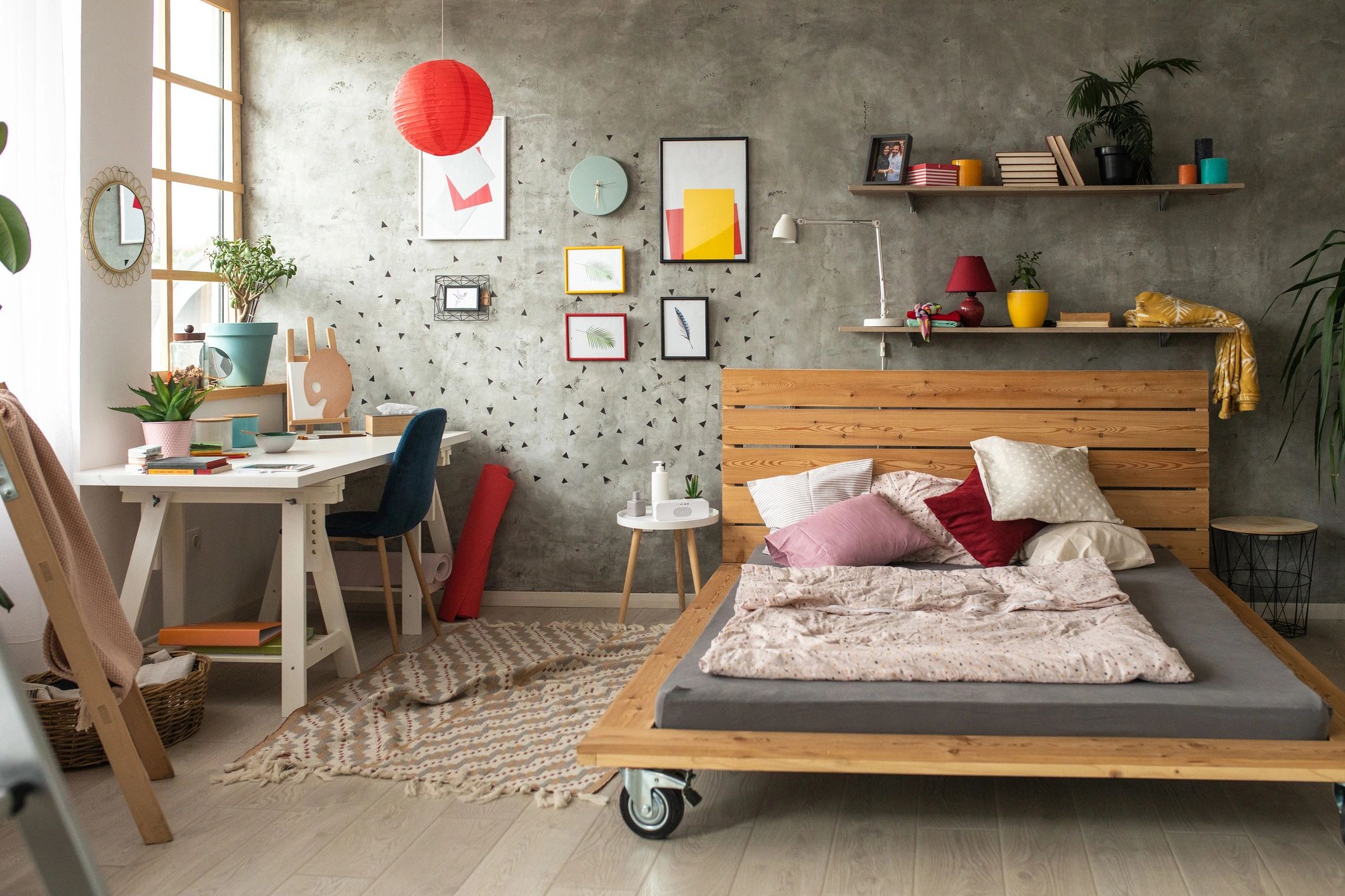 Modern cozy bedroom with layered bedding