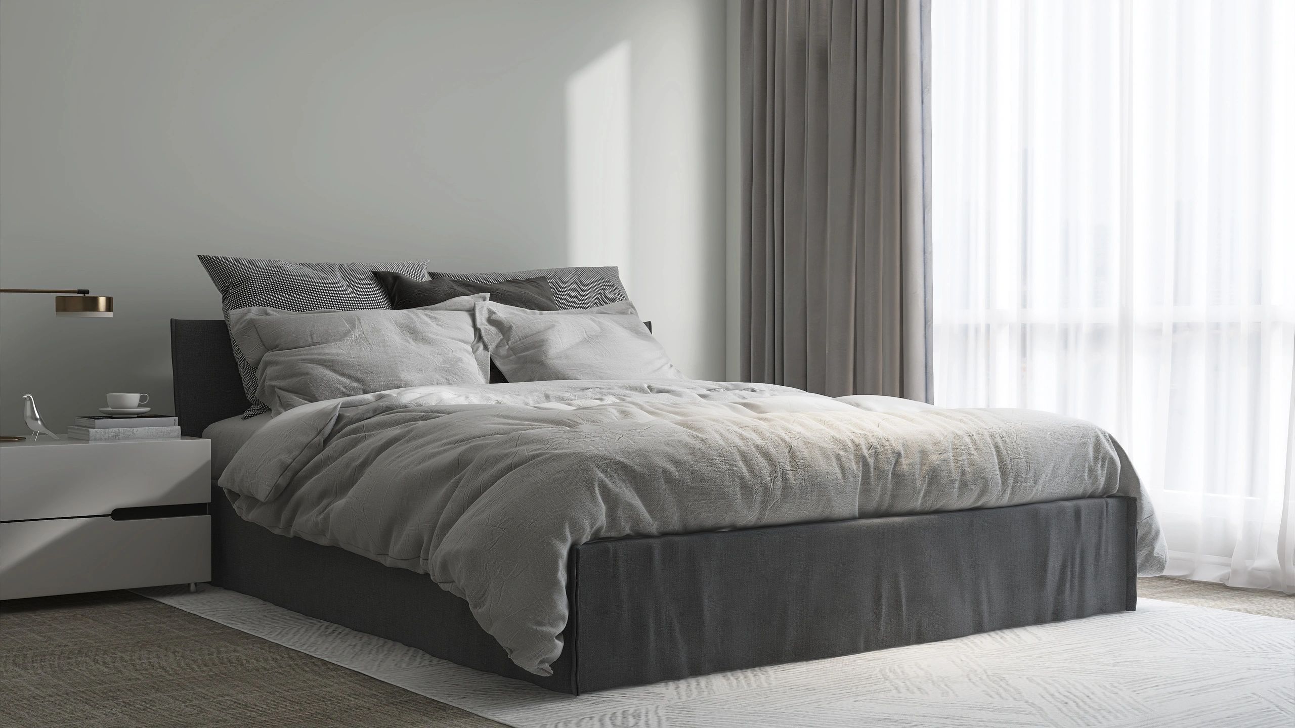 Luxury bedroom with layered bedding and soft natural light