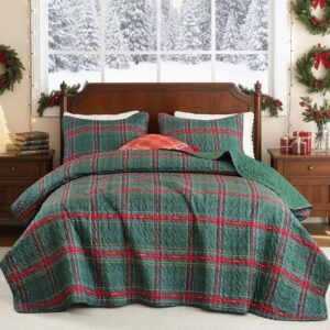 FROZZUR Christmas Quilt Set - Green Plaid Lightweight Winter Quilted Bedspread - Soft Patchwork Christmas Bedding for Gift, Cozy Holiday Bedroom Décor